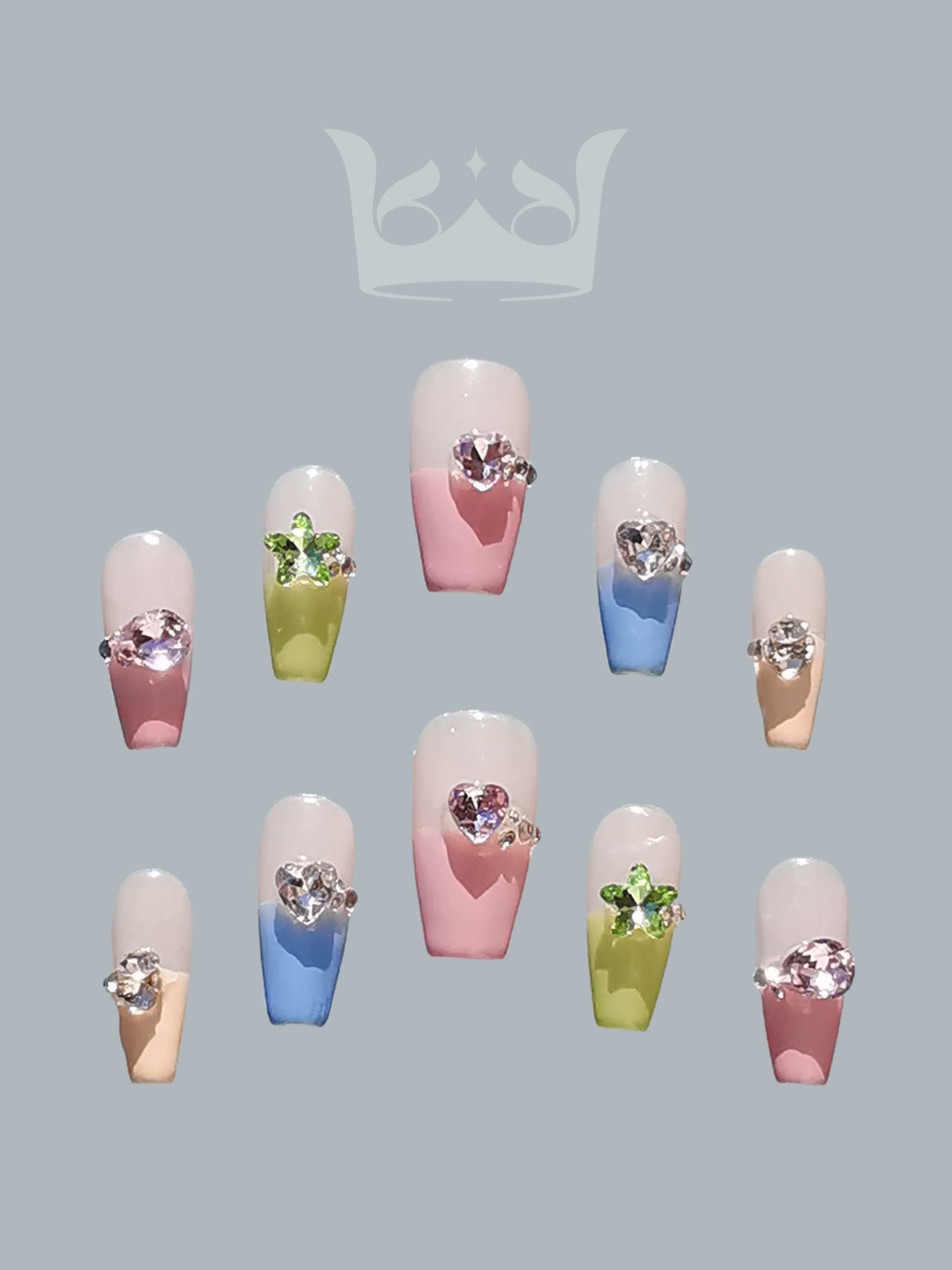These press-on nails have a modern and elegant design with a muted base color and gold accents, suitable for any occasion with a long, tapered shape.