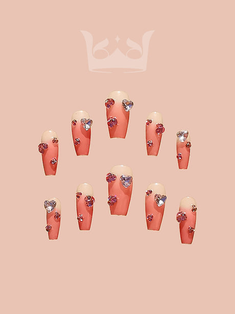 Gemstone nails for a bold statement, with playful yet elegant aesthetic. Varying lengths for unique look,  professionally done. Adds glamour to style.