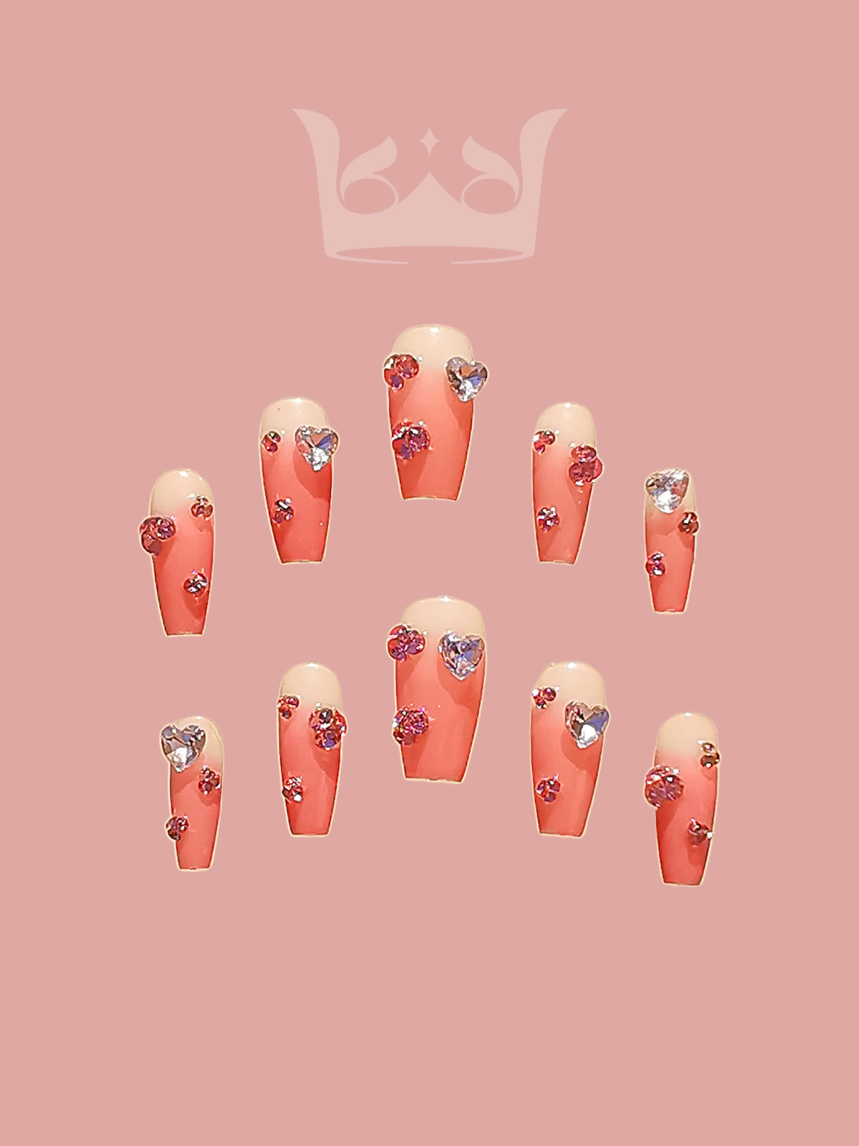Heart-shaped nails with peach/nude base, metallic/glittery finish & silver/purple/pink hues add a playful & romantic touch to any look, perfect for Valentine's Day or whimsical events.