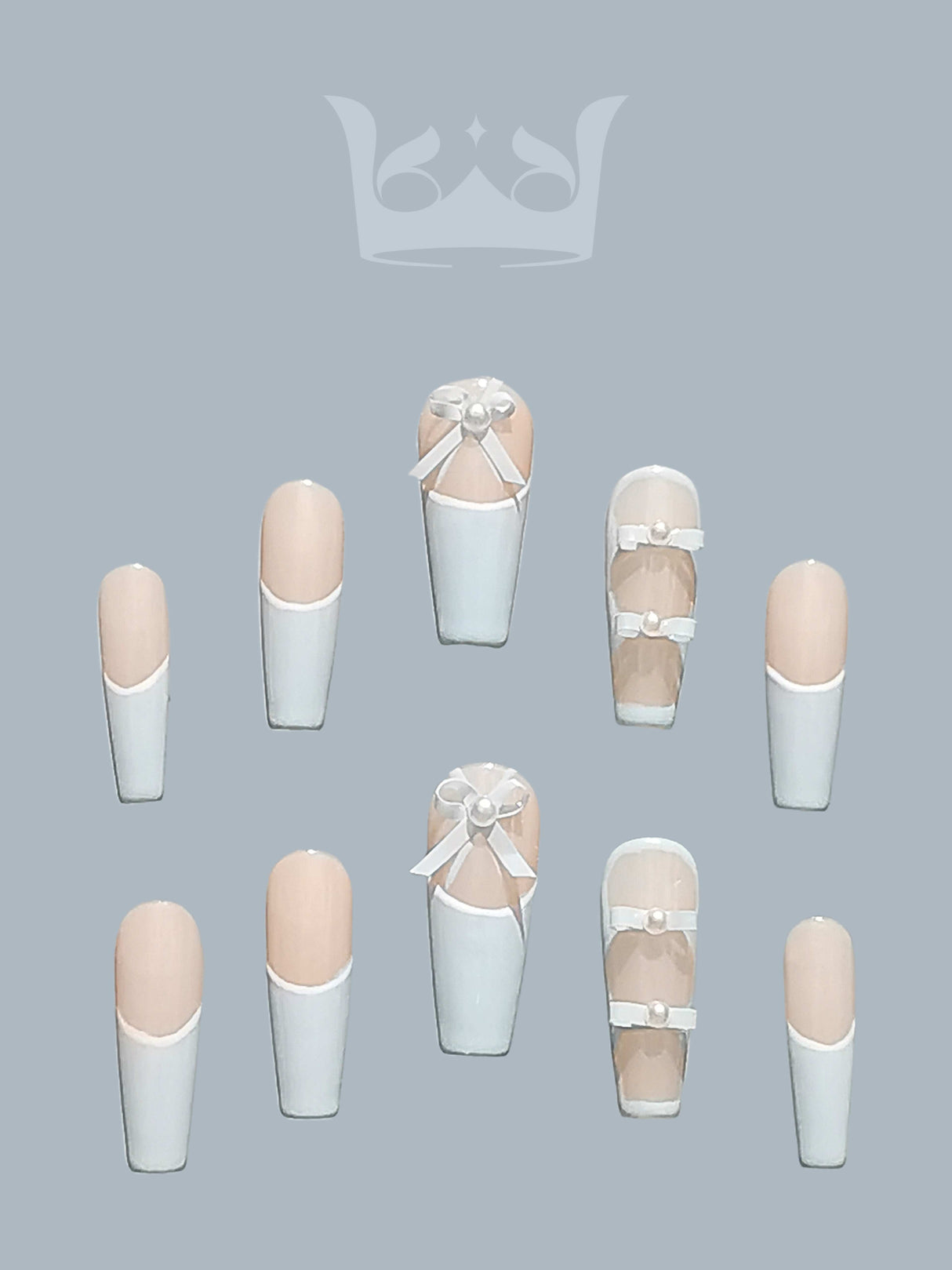 Elegant and fancy nails with French manicure design and cute elements for formal events. Varying lengths and tip shapes for customization.
