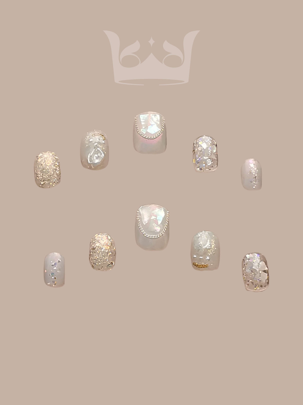 Glamorous and delicate nails with glitter, iridescent accents, and pastel colors are perfect for special occasions or as statement nail art. Suitable for feminine and elegant styles.