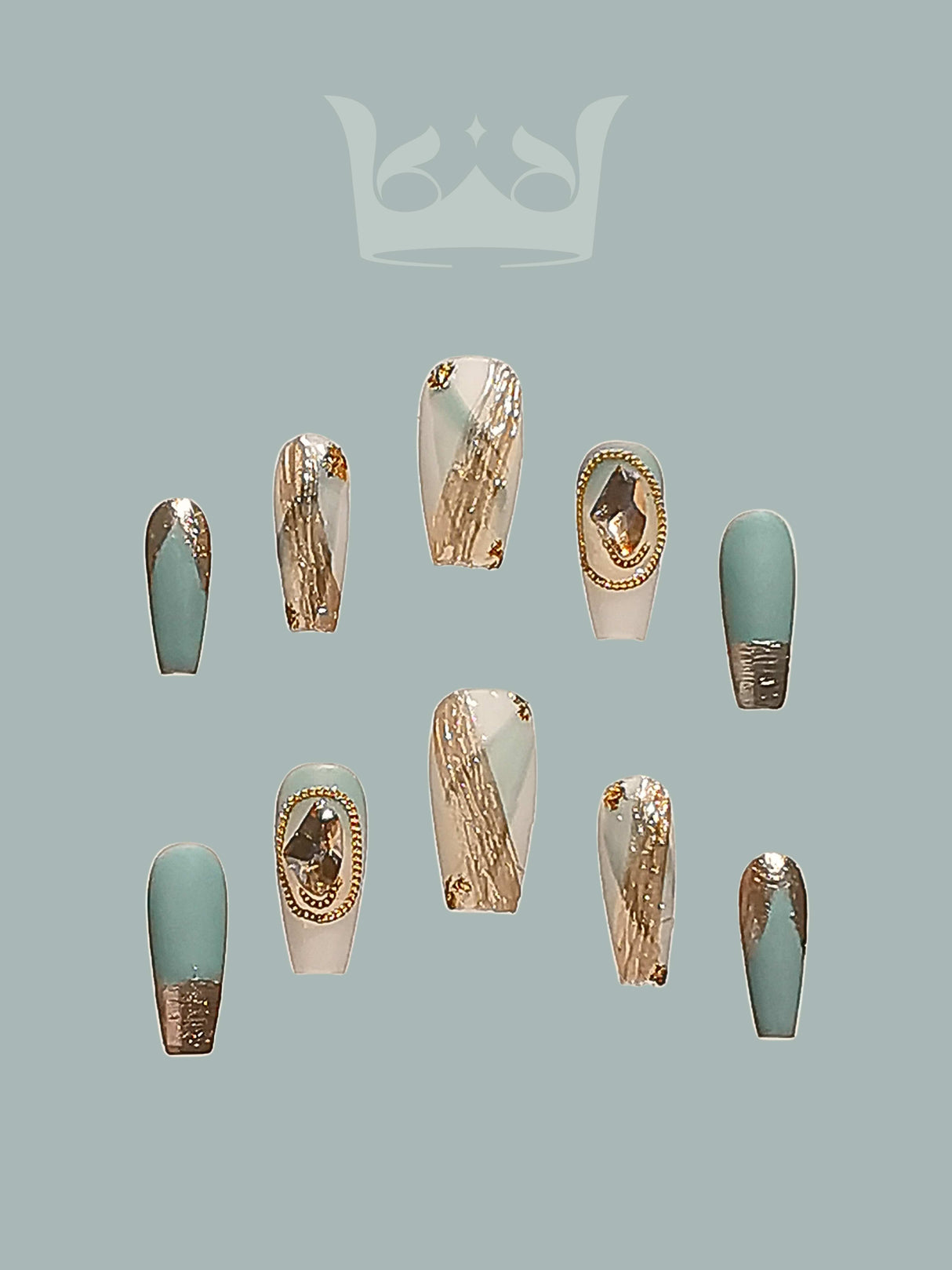 These press-on nails are  for special occasions or fashion shows, with gold foil accents and unique designs for a fancy audience.