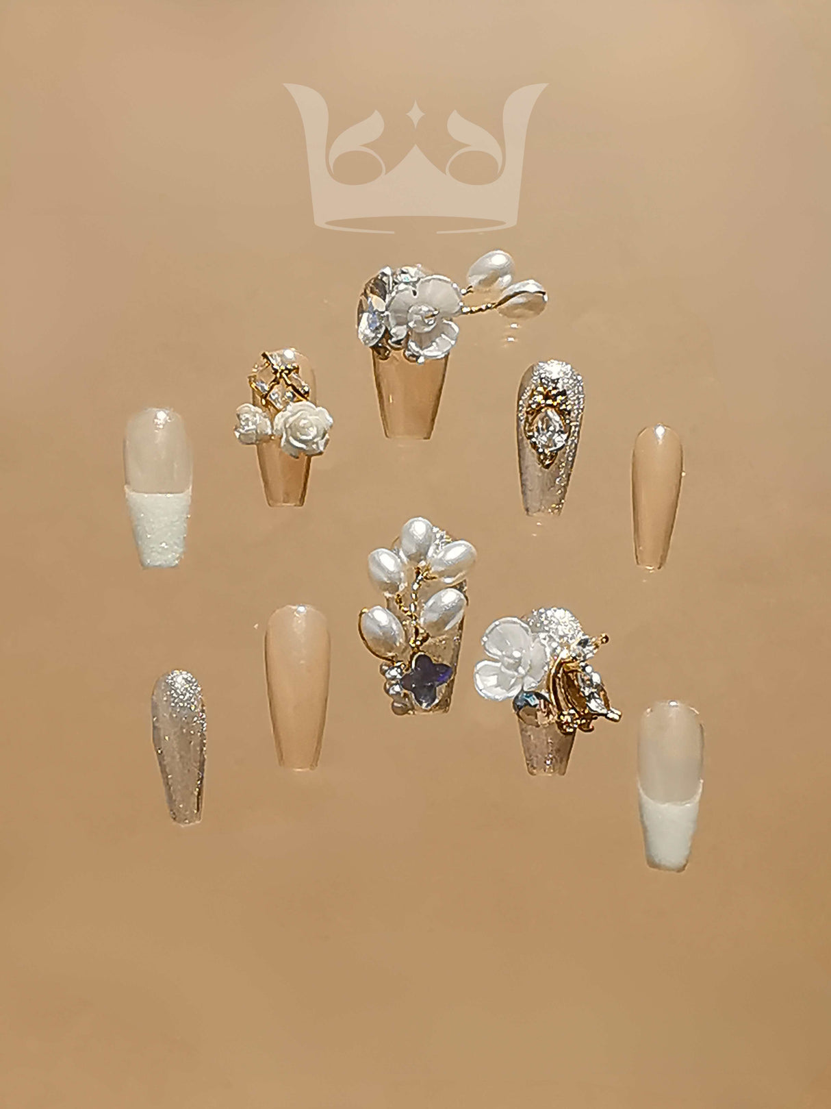 Luxurious and trendy cute nails for nail art designs on false tips, featuring symmetry, patterns, flowers, glitter, and diamonds for special occasions and fashion statements.