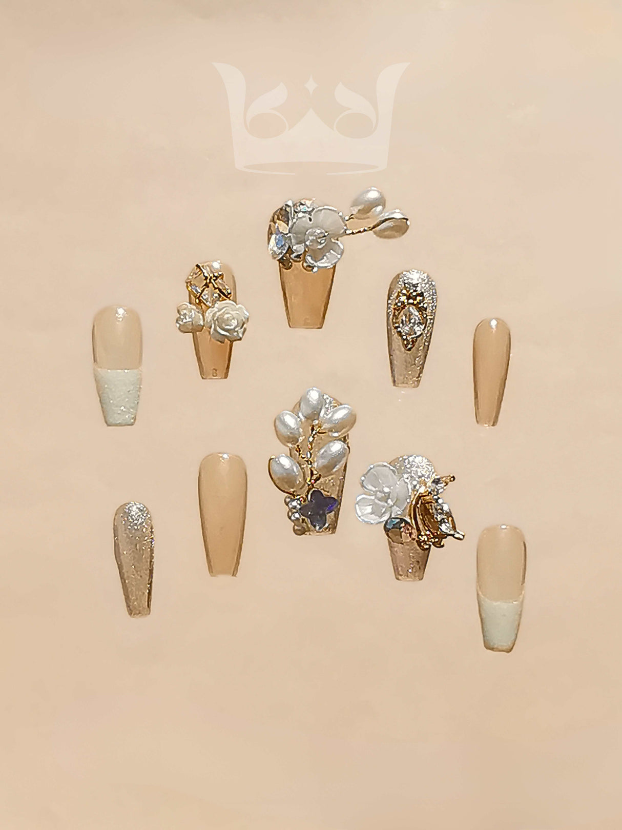 Luxury nails with various designs, colors, and cute elements for special occasions or fashion statement. Not intended for everyday wear.