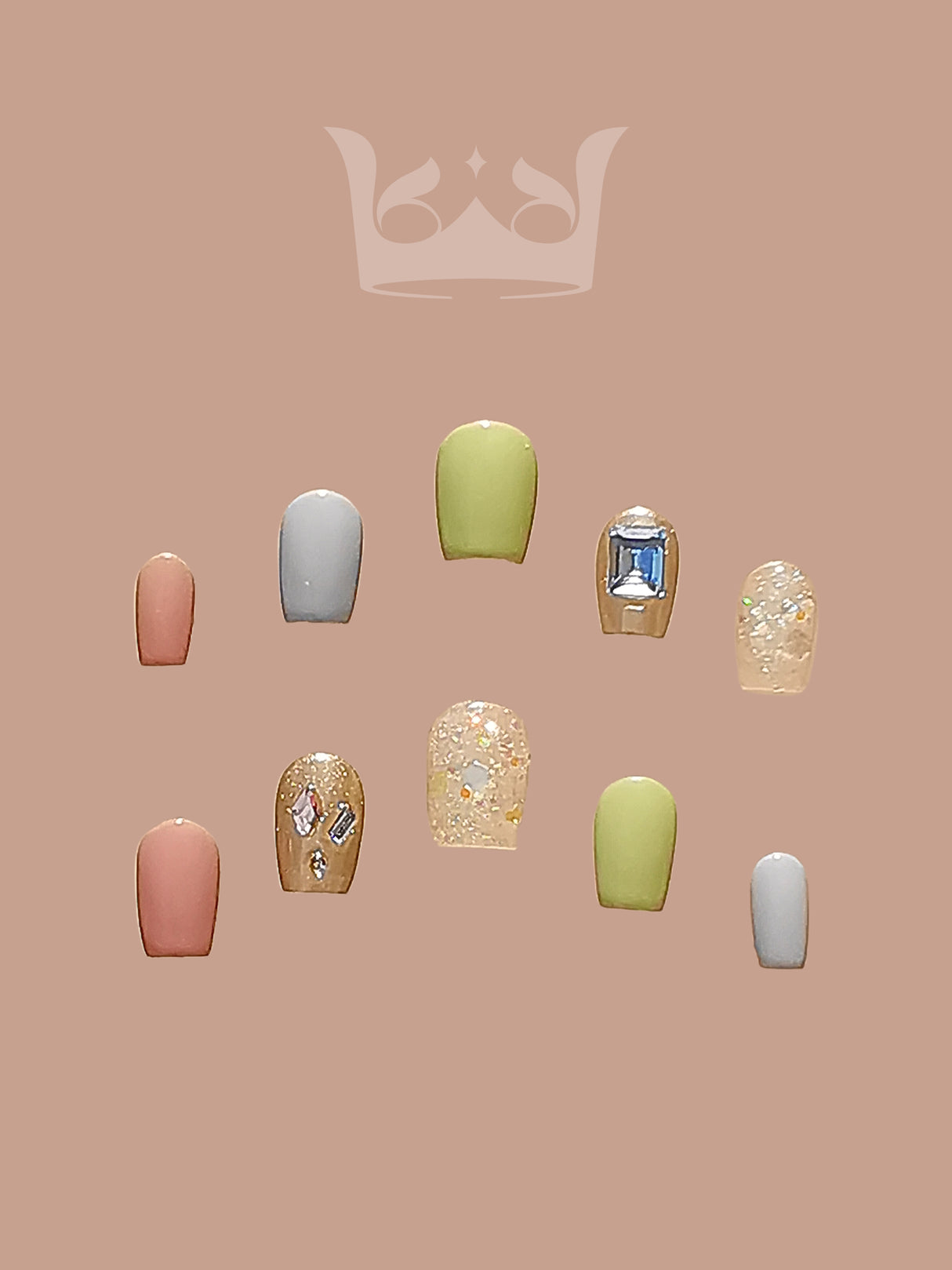 These acrylic nails are for cosmetic purposes, with a variety of colors, designs, shapes, and sizes for personal expression. Embellishments add glamour