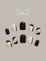 These press-on nails are for cosmetic purposes, with a modern design for business casual. They feature color, pattern, finish, contrast, and size variation.