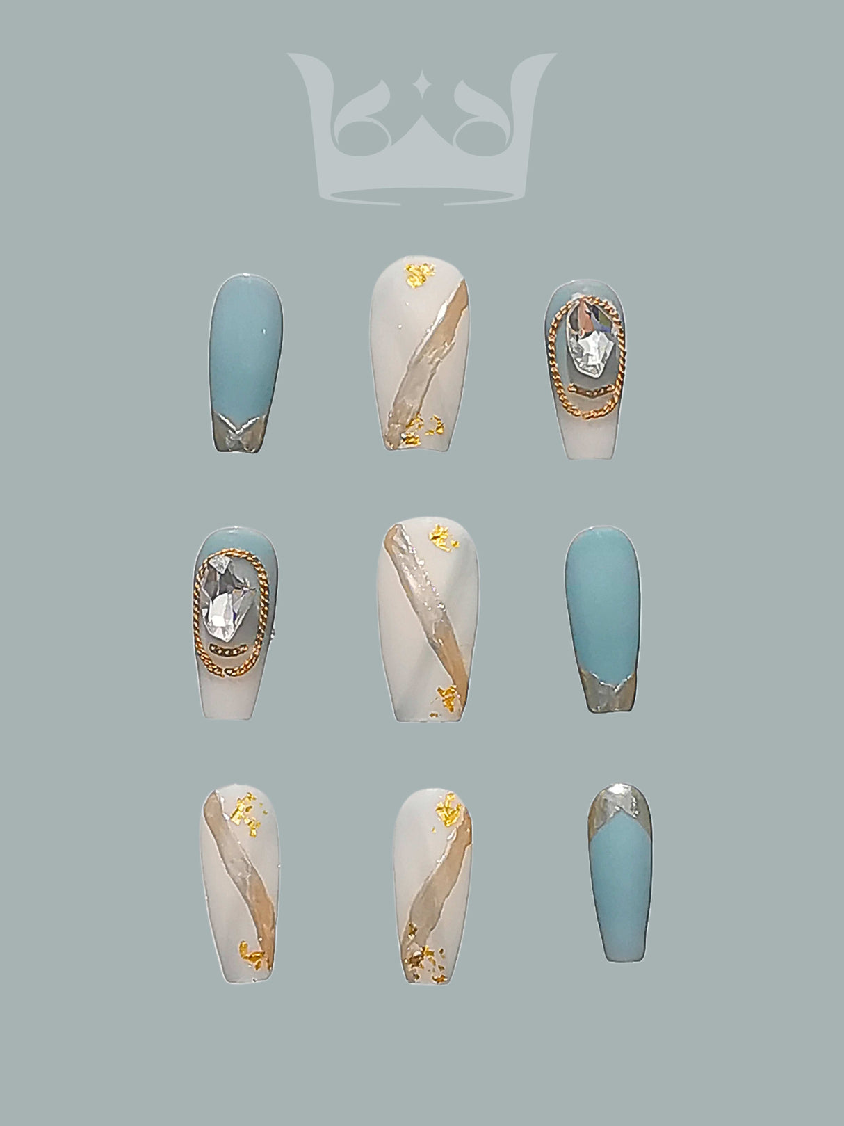Sophisticated and elegant nails with pastel blue and white base color, gold accents, diamonds, marbled patterns, and rounded/oval tip shape for special occasions or fashion statement.