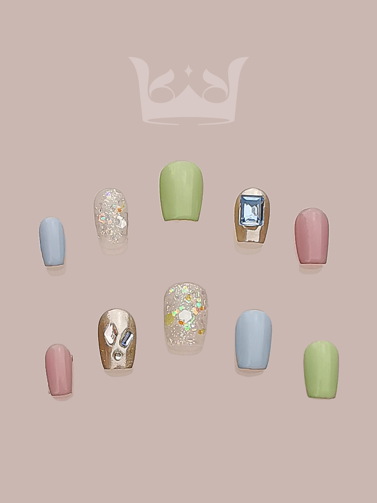 These acrylic nails come in various colors and designs, including glitter and floral decorations, and are for fashion or cosmetic purposes.
