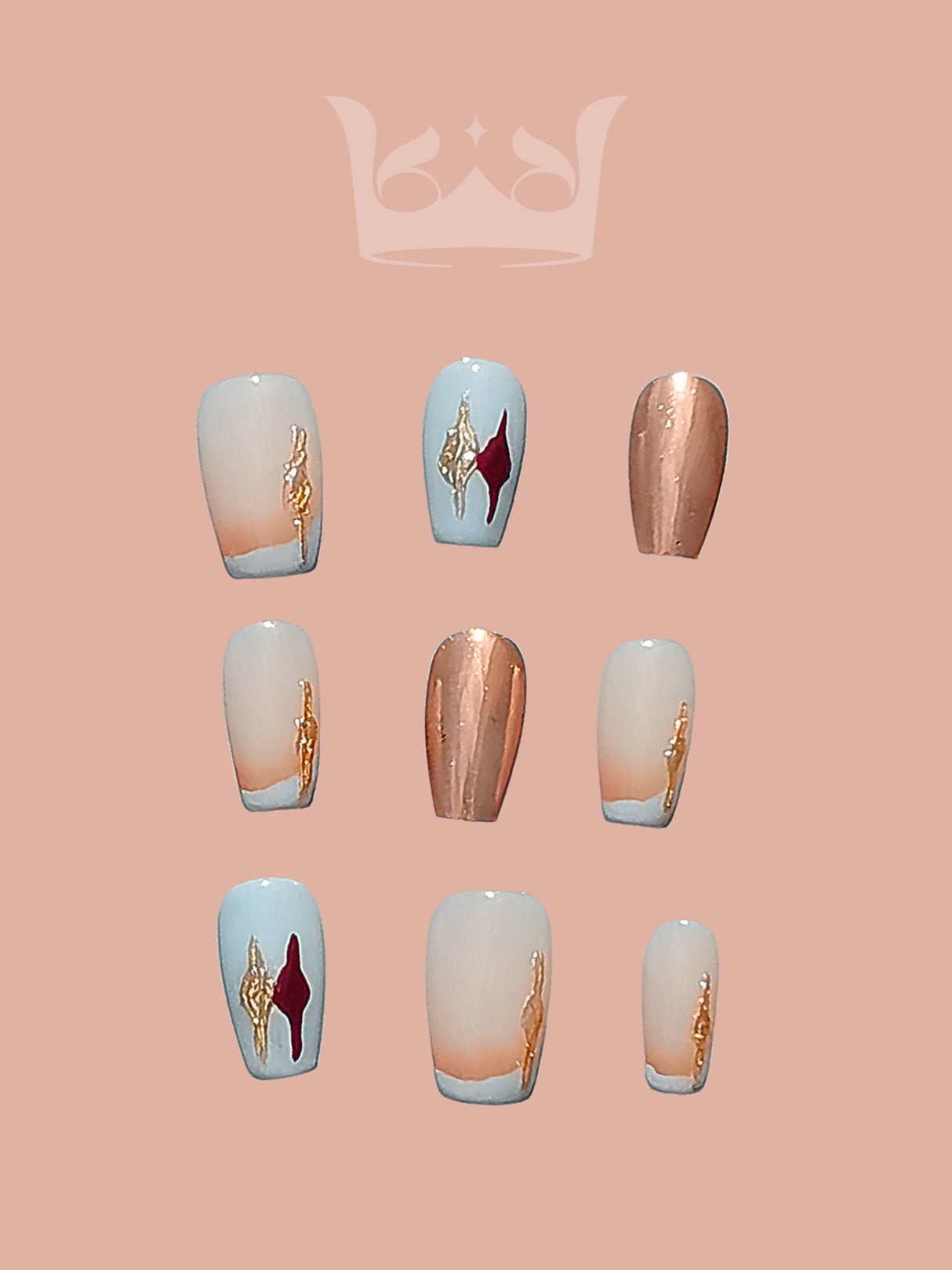 These press-on nails are perfect for adding glamour to an outfit or special occasion. Featuring French manicure style, gold accents, metallic rose gold finish, and unique designs.