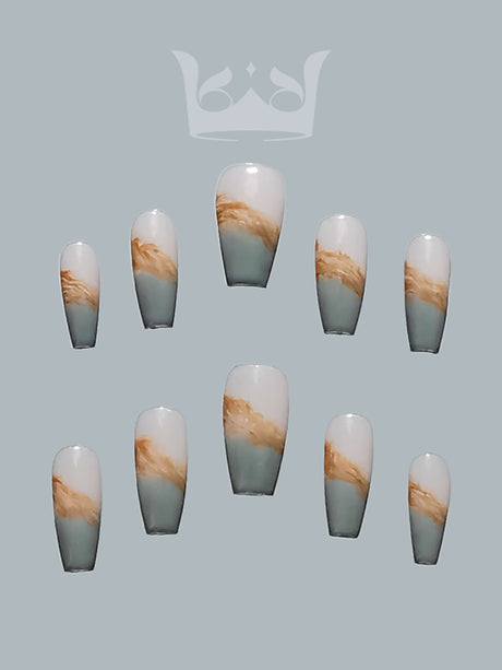 These press-on nails featuring a marble-like pattern with swirls of white, beige, and brown colors, suitable for everyday wear. The almond shape is versatile and stylish.