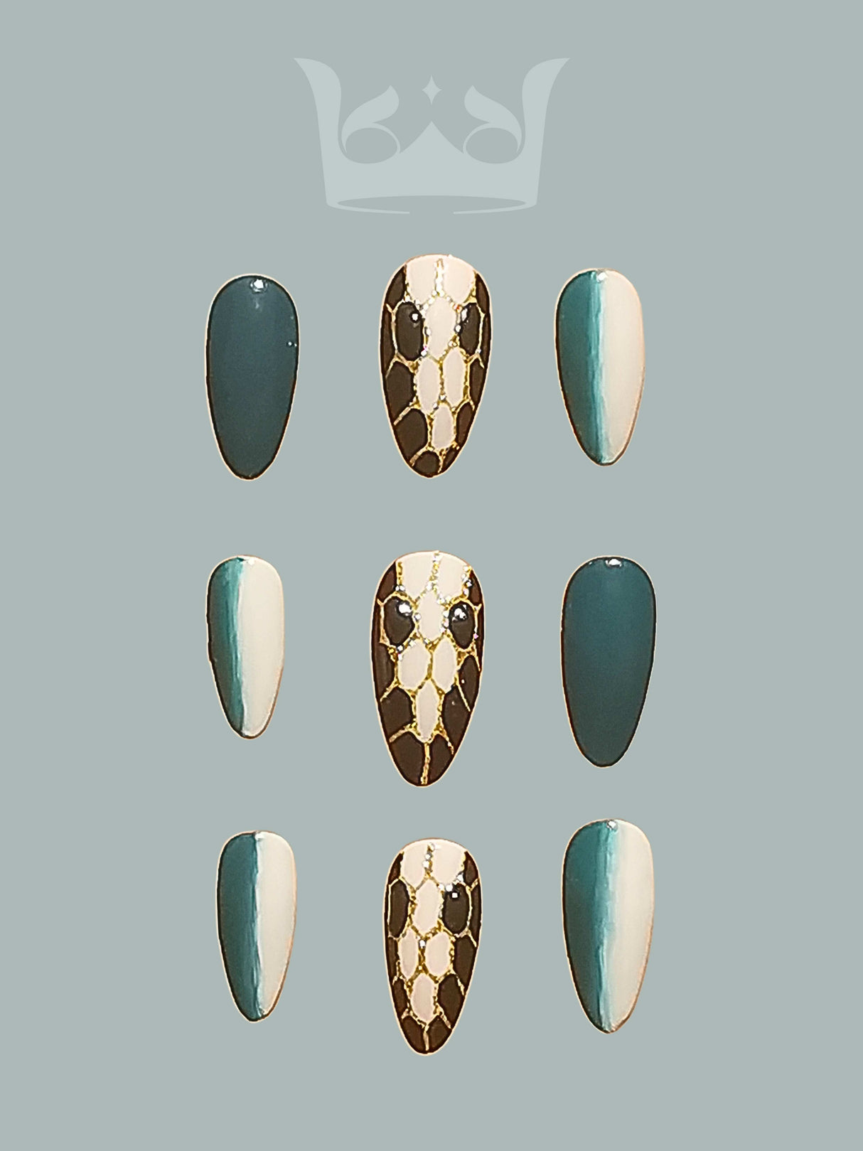 These press-on nails feature a modern and chic design with a deep teal and neutral beige color scheme, almond shape, and symmetrical arrangement for a stylish fashion statement.