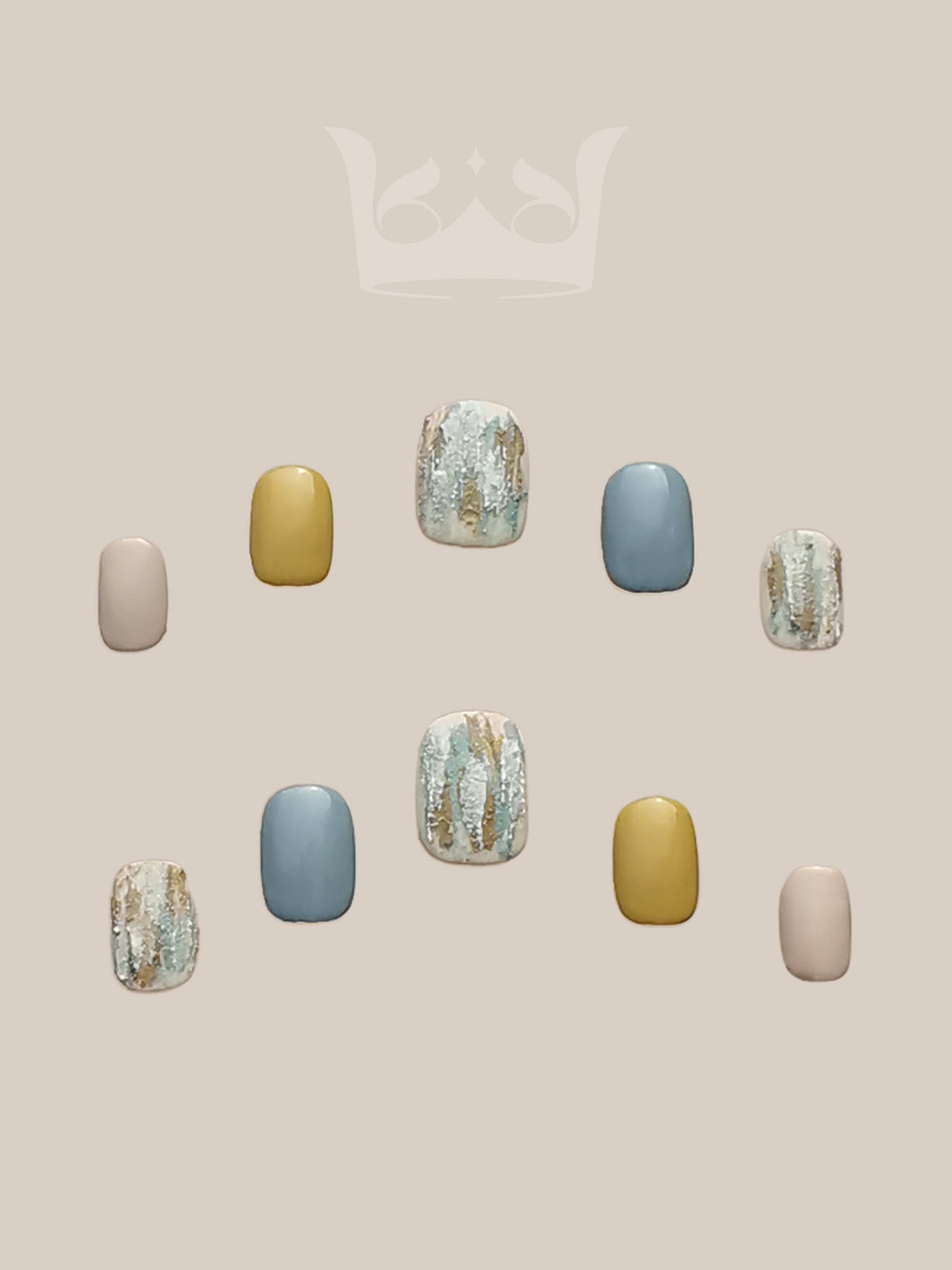 These press-on nails have a minimalist and modern aesthetic with color, texture, pattern, and shape as design elements.