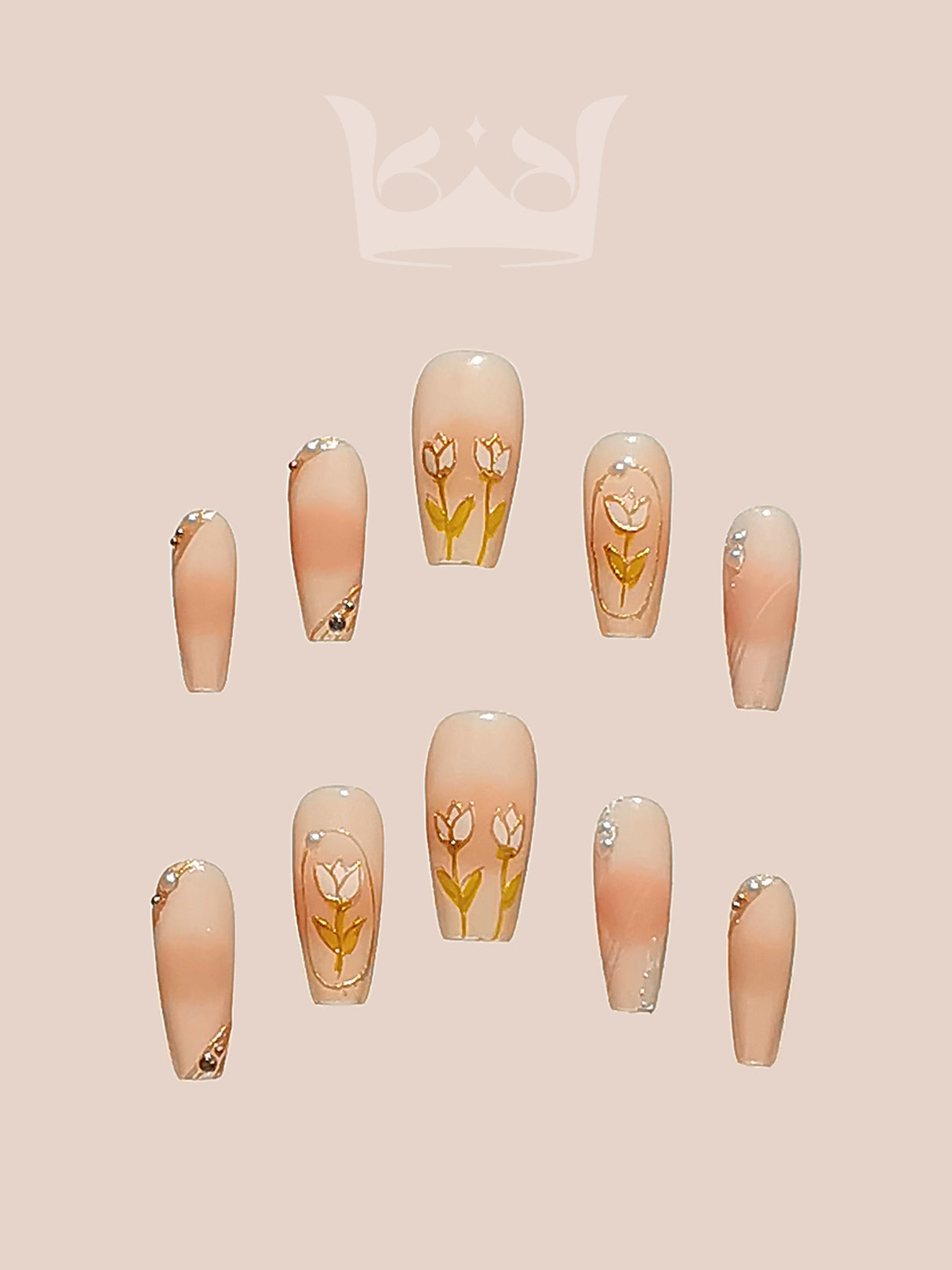 These press-on nails design with floral, glitter, French tips, and gold embellishments. They are chic and understated, suitable for a variety of occasions. 