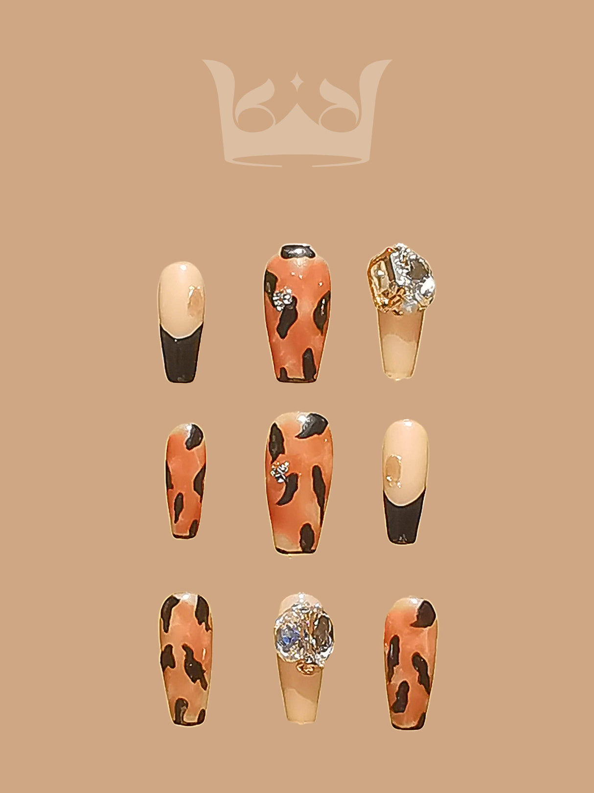 These versatile nails offer a fancy and elegant look with warm earthy tones, flower accents, two-tone design, glossy finish, and practical shape. Suitable for any occasion.