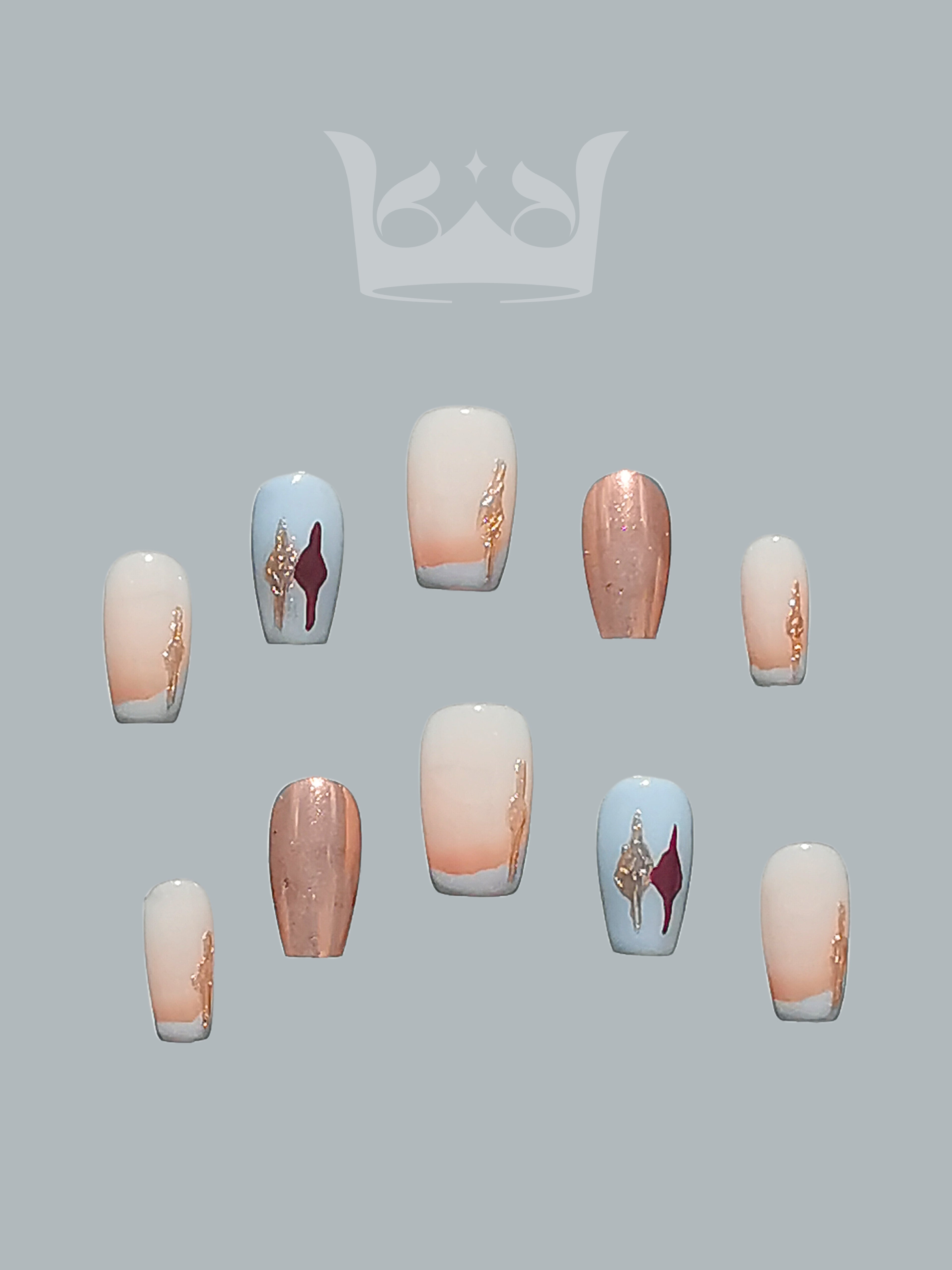 These press-on nails are  for cute purposes, with a feminine and trendy aesthetic. They include pastel colors, metallic accents, and varying shapes for customization.