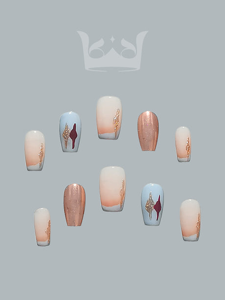 These press-on nails are  for cute purposes, with a feminine and trendy aesthetic. They include pastel colors, metallic accents, and varying shapes for customization.