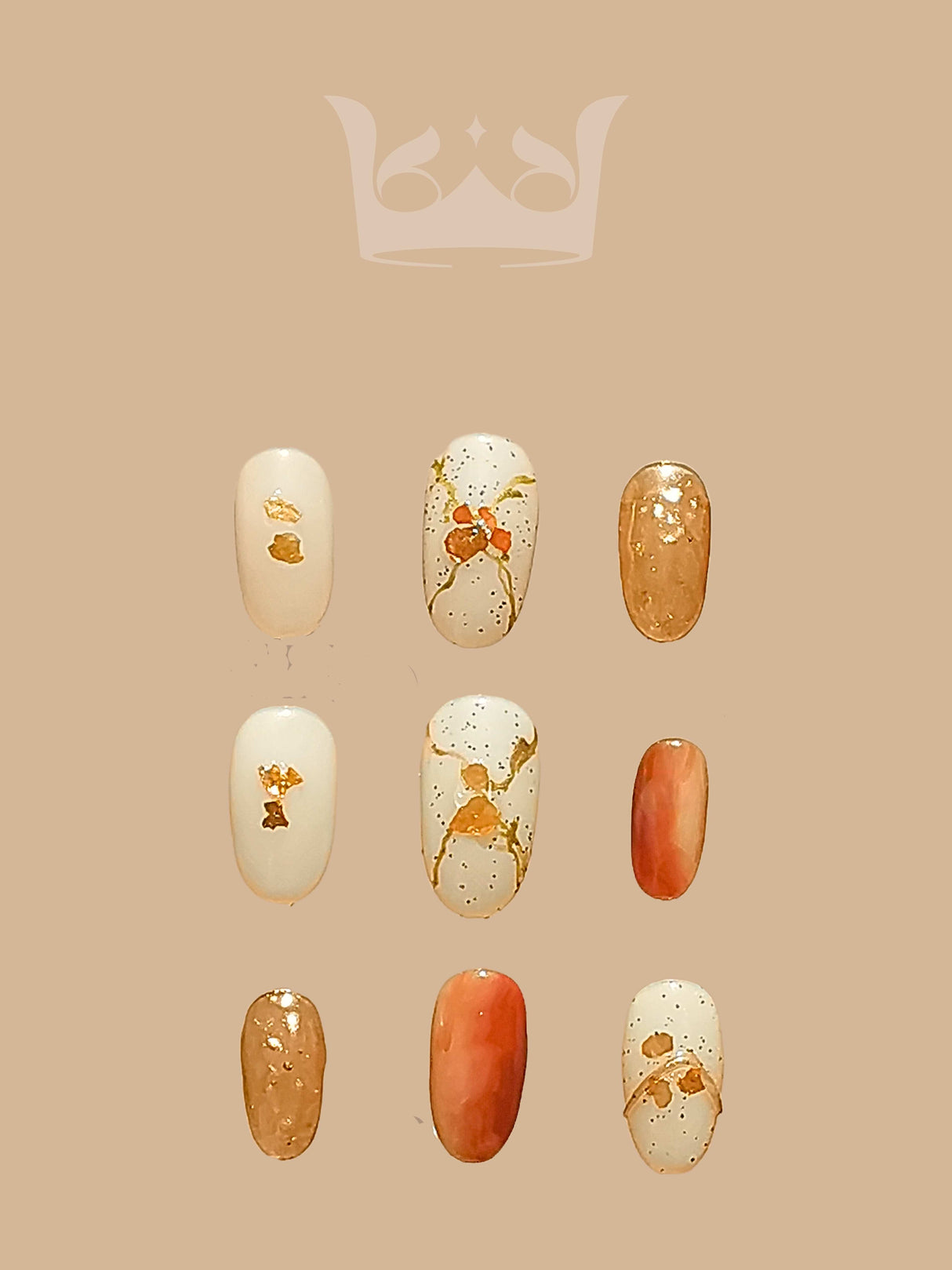 These cute nails are designed for special occasions with a color palette of gold and cream, glittery or metallic finishes, and cute elements. Ideal for adding glamour to events.