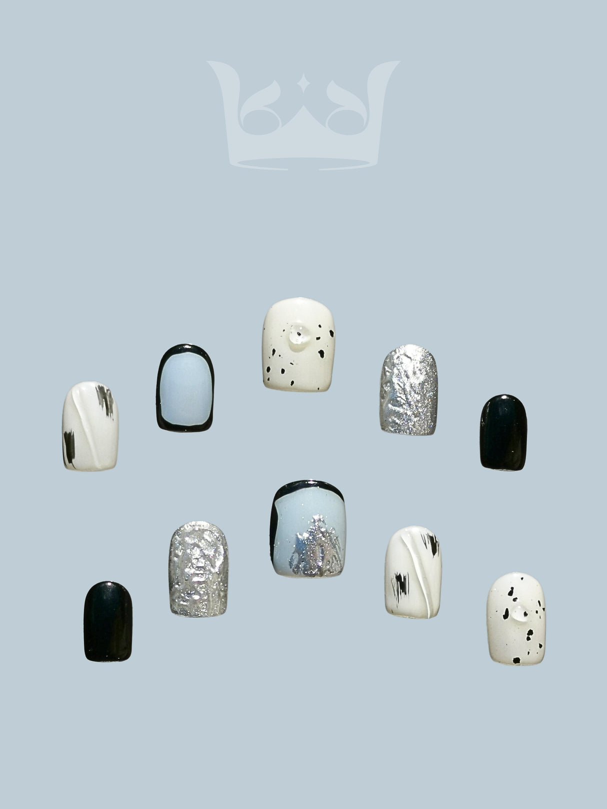 These acrylic nails are designed for fashion and aesthetic purposes, featuring solid colors, metallic accents, and playful patterns for nail art and personal style.