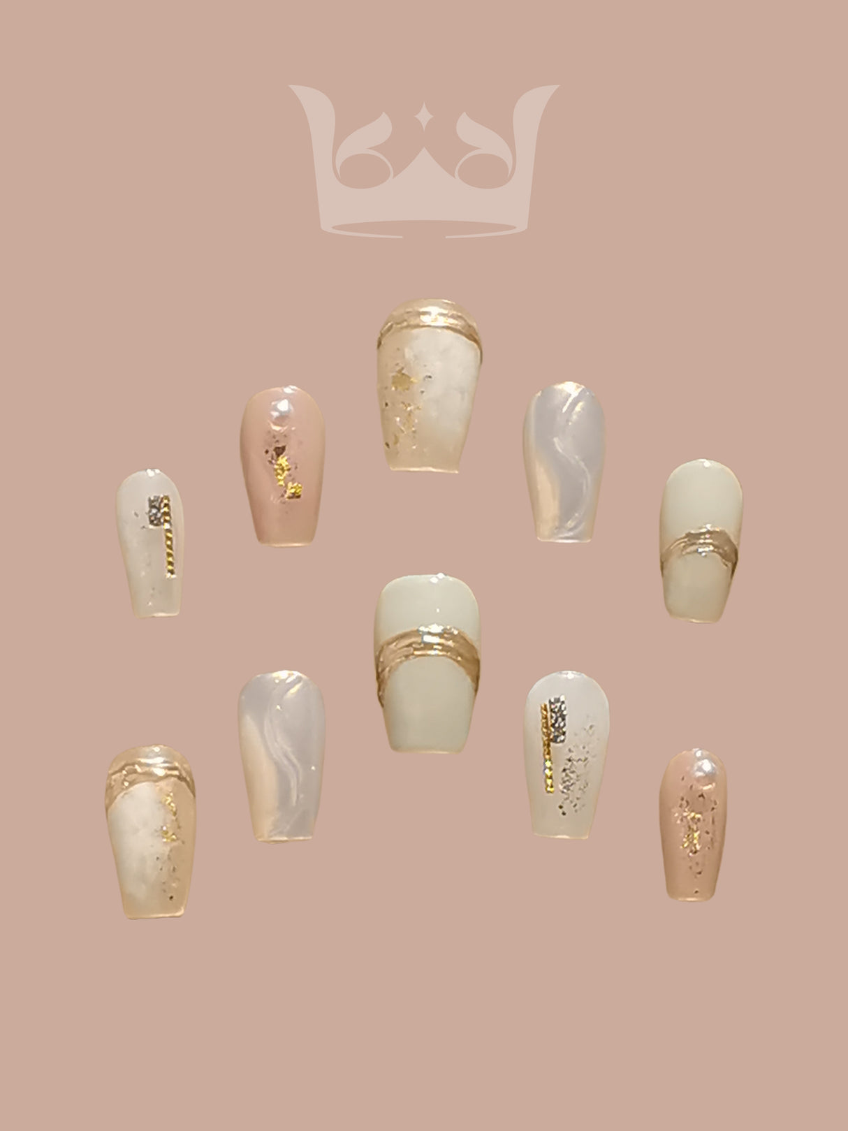 These press-on nails have a soft, neutral color palette, gold foil embellishments, and various patterns. They have a focus on subtle colors and luxurious metallic accents.