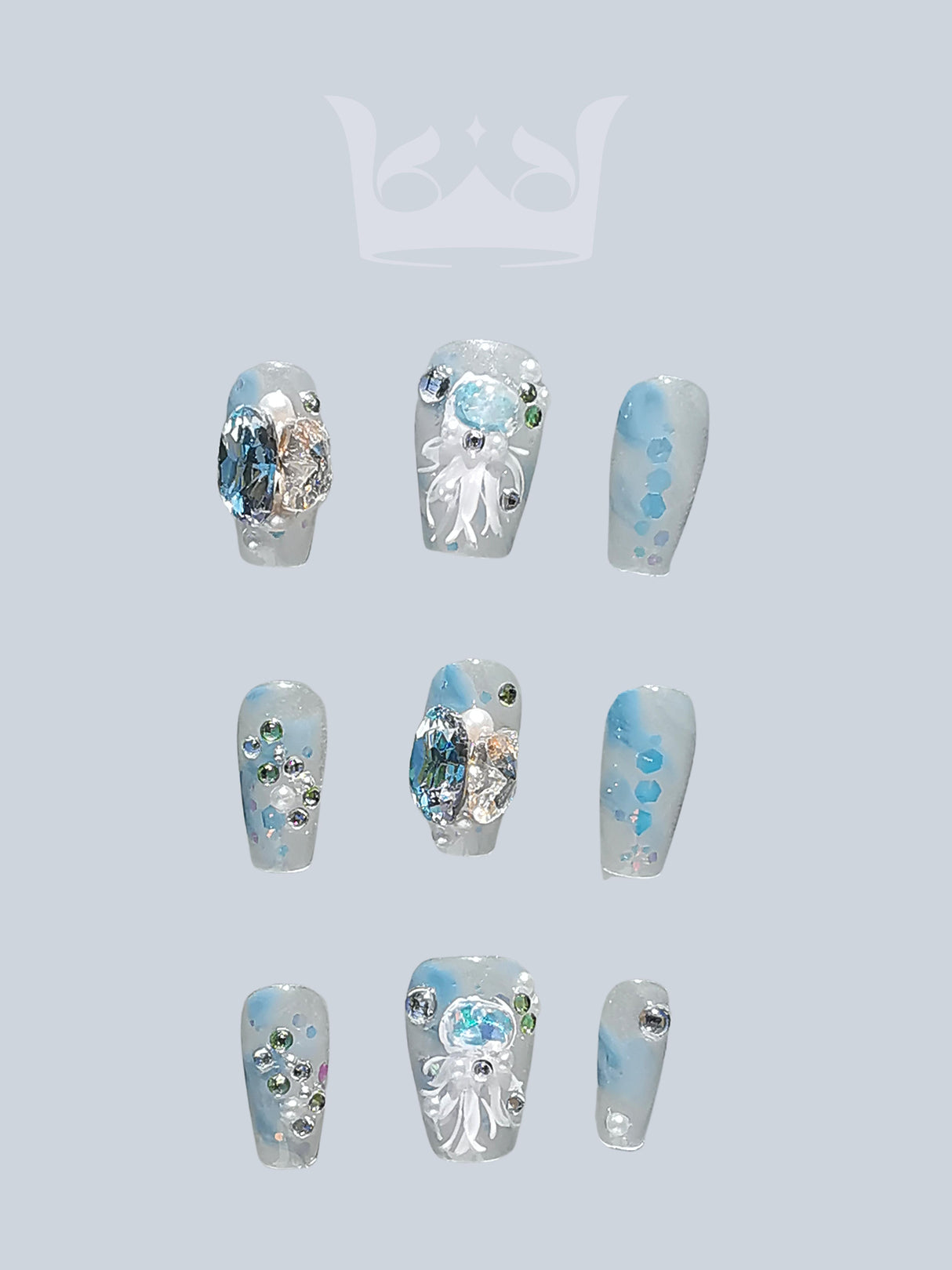 These press-on nails are for nail art enthusiasts who want unique designs with a cool color palette and water-themed patterns. 