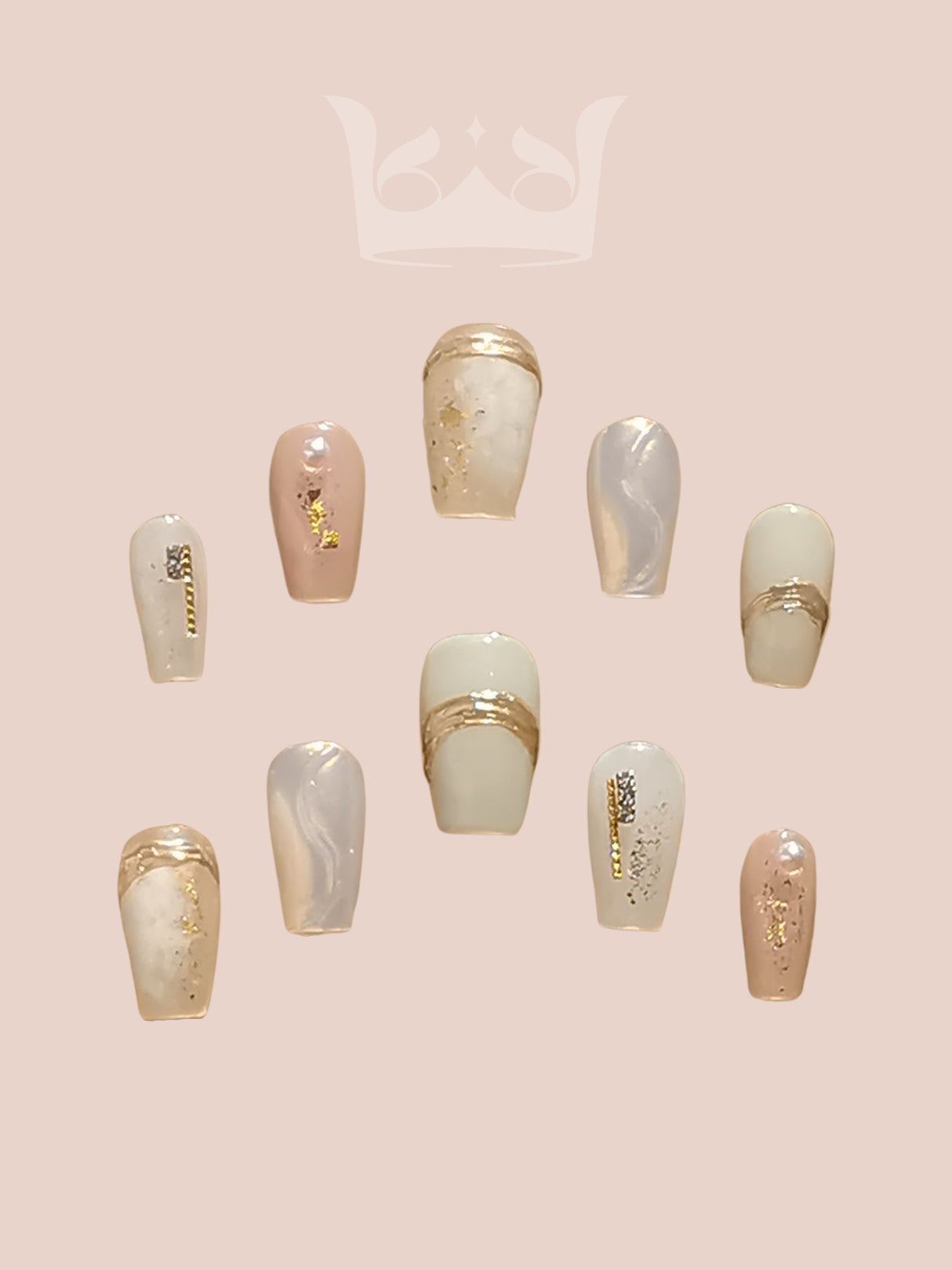 These press-on nails are designed for a fashionable and polished look with a soft color palette and gold accents, targeting those who prefer understated elegance.