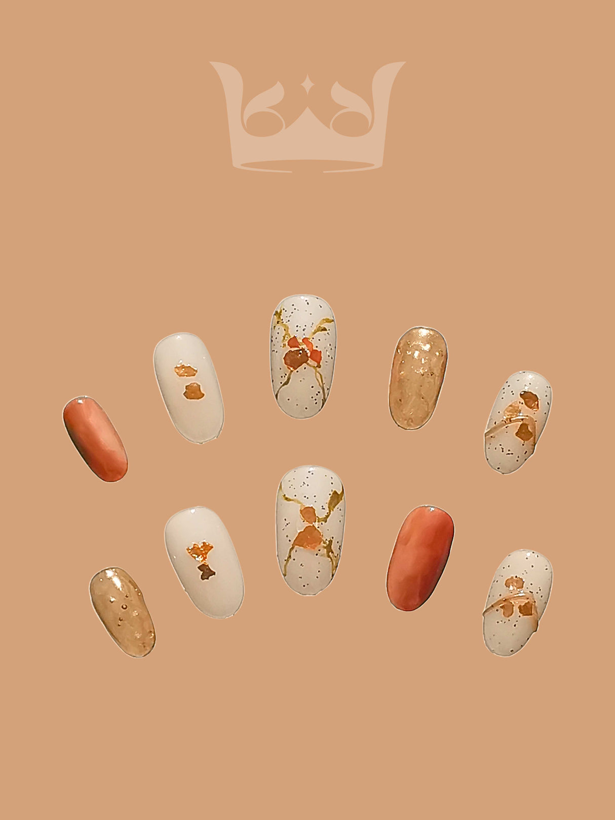 These press-on nails are for enhancing the appearance of natural nails with stylish designs. They come in almond nail shapes and warm colors with cute elements.