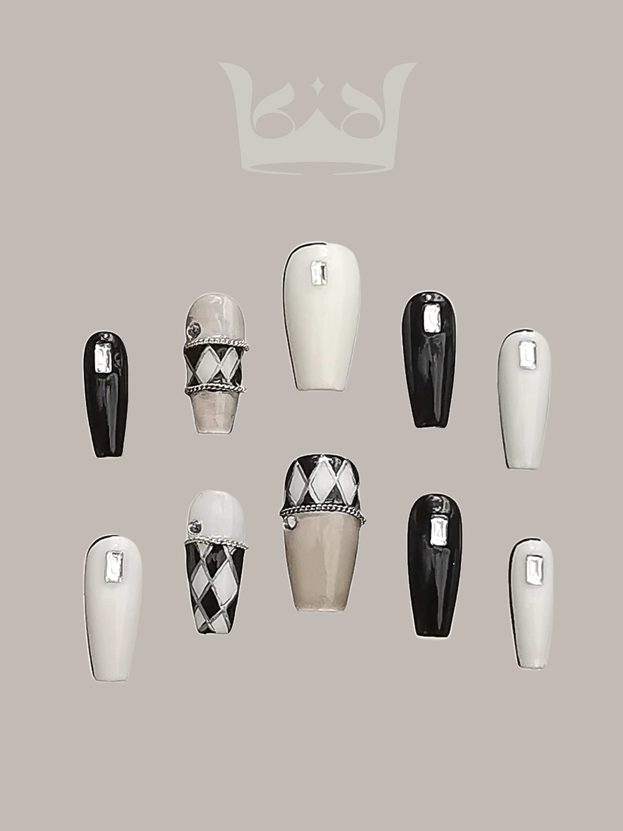 These press-on nails are for showcasing sample nail art designs for a salon or manicure specialist, with unique designs and embellishments for creativity and customization.