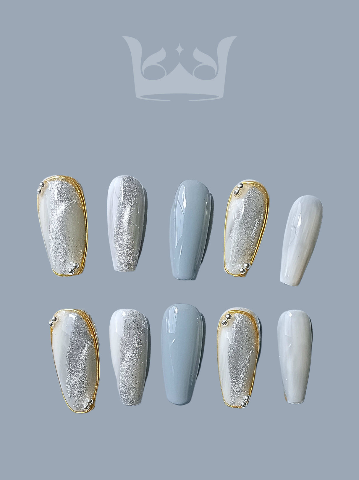 Sophisticated and stylish nails with cool-toned color palette, metallic and matte finishes, gold accents, and sleek shape for formal events or statement accessory.