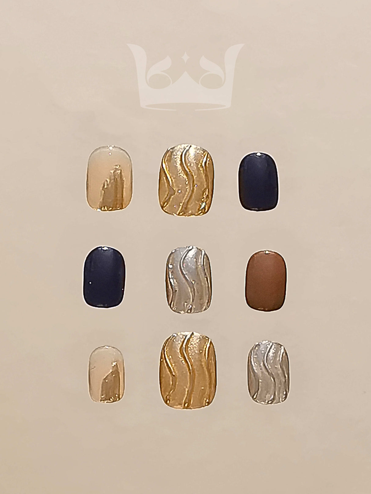 Stylish and modern nails with solid colors and metallic patterns in gold, silver, navy blue, copper, and nude tones for a trendy and fancy appearance.