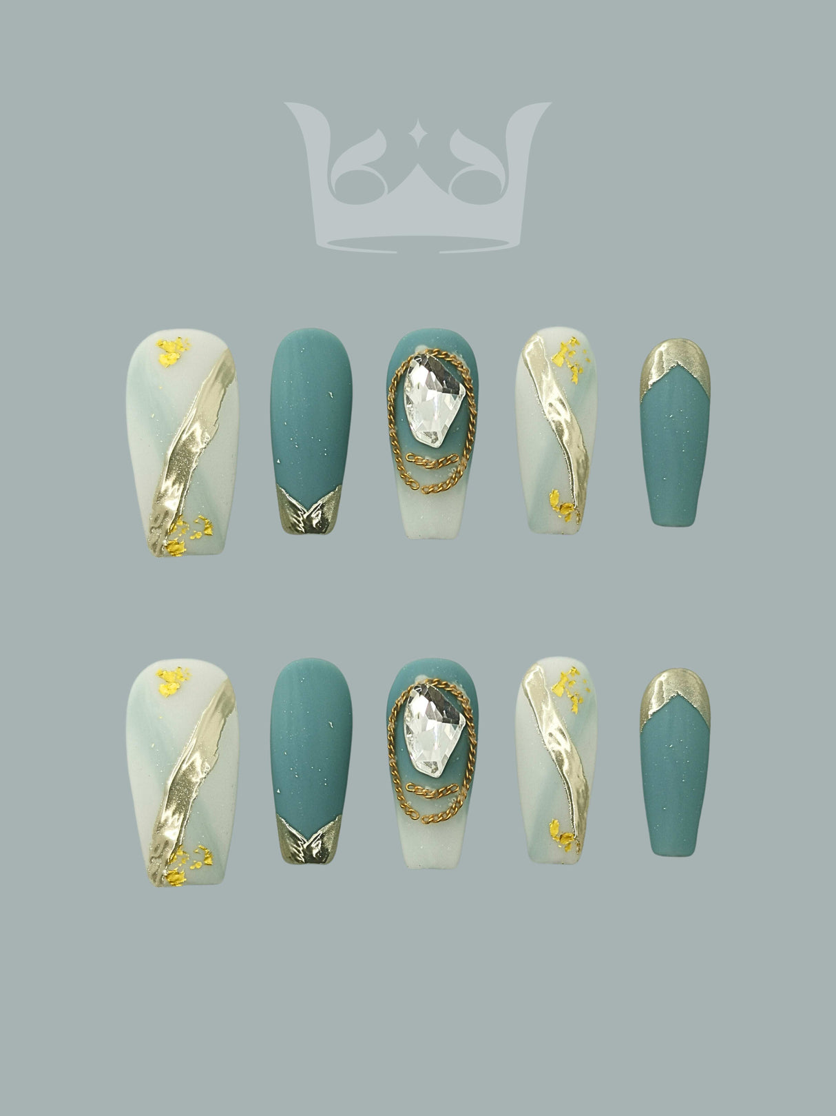These ornate nails with soft mint and translucent colors, gold foil accents, rhinestones, and varying shapes are suitable for special occasions or fashion statements.