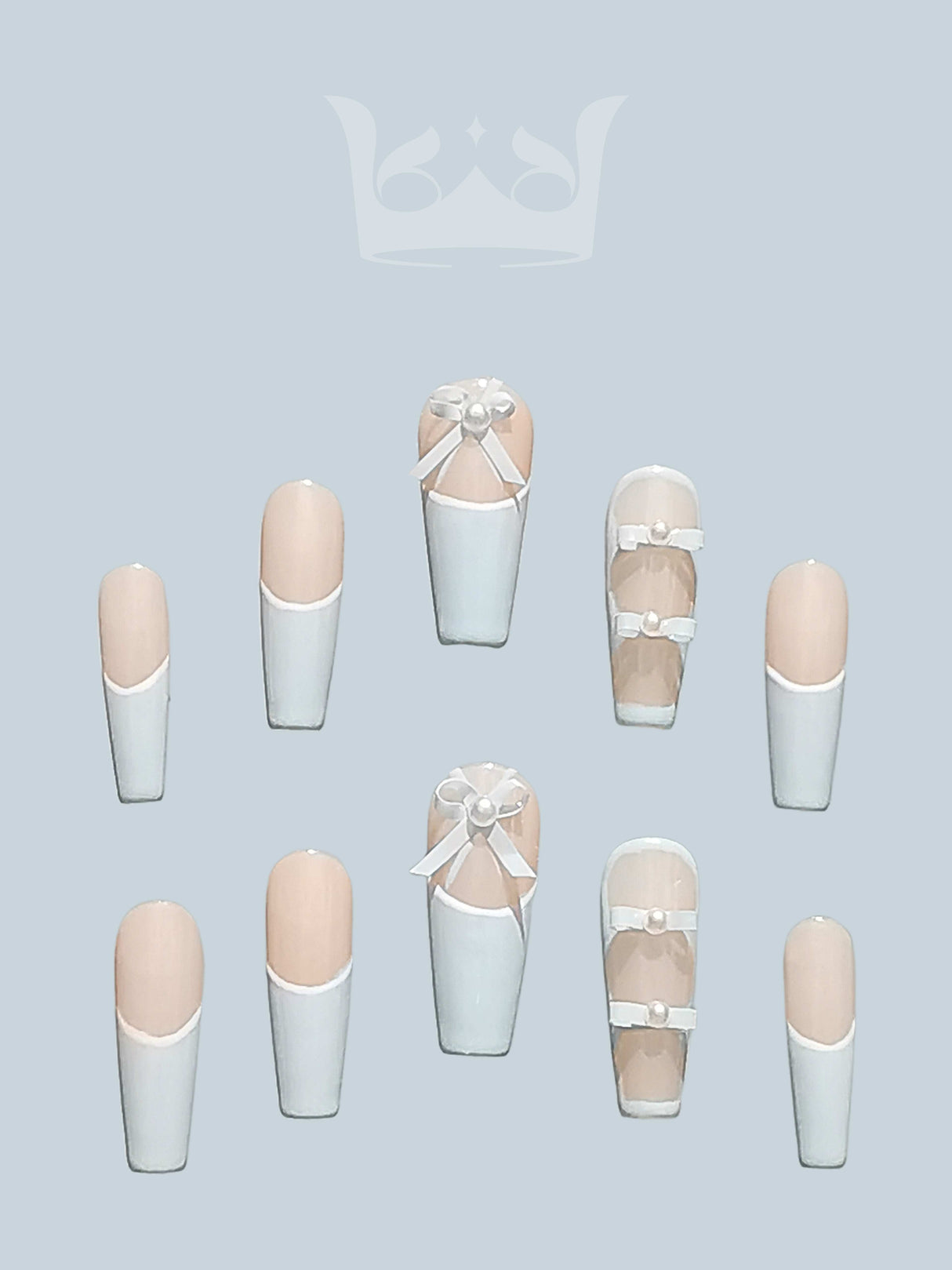 French manicure style nails with white tips and cute elements like white flowers and lace pattern add elegance and sophistication suitable for any occasion.