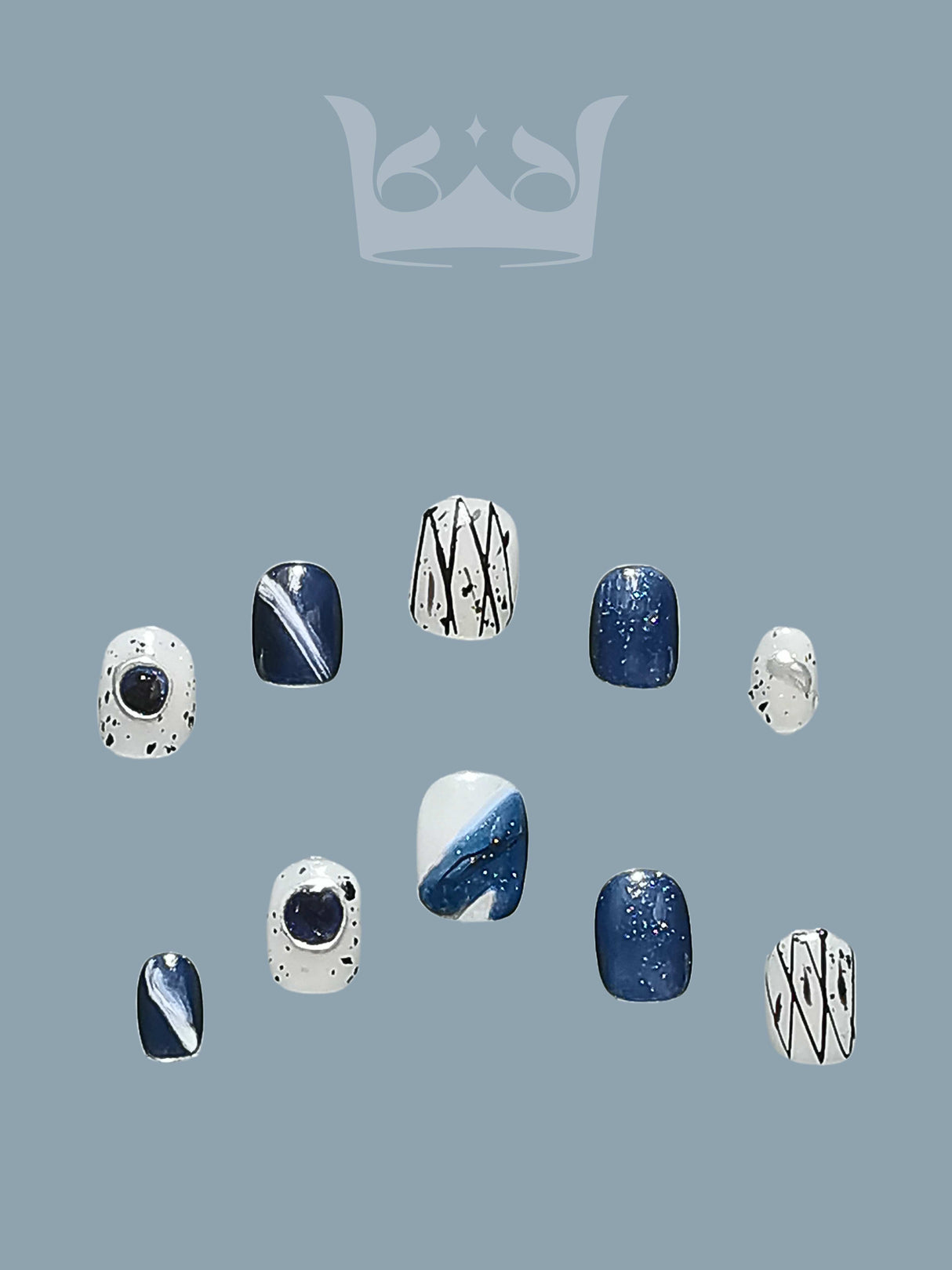 These press-on nails are designed for press-on or nail art inspiration, featuring creative blue and white patterns with dots, stripes, abstract lines, and glossy finishes.