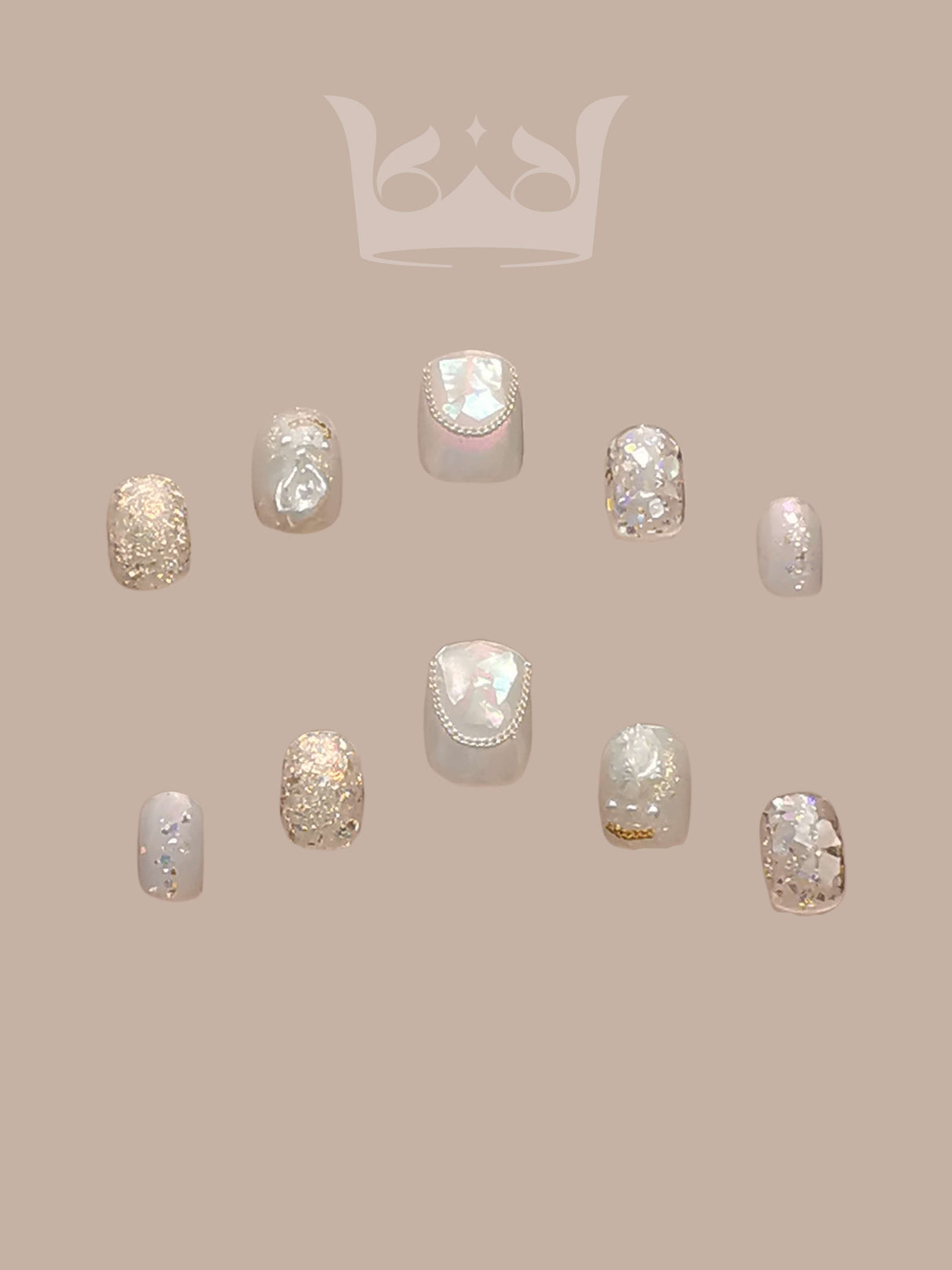 Glamorous and delicate nails with glitter, iridescent accents, and pastel colors are perfect for special occasions or as statement nail art. Suitable for feminine and elegant styles.
