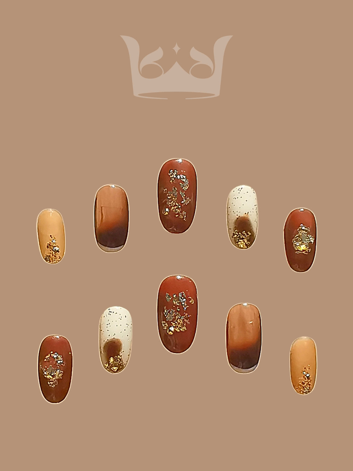 These press-on nails offer a fancy look with warm, earthy tones and gold accents, suitable for everyday wear or formal events.