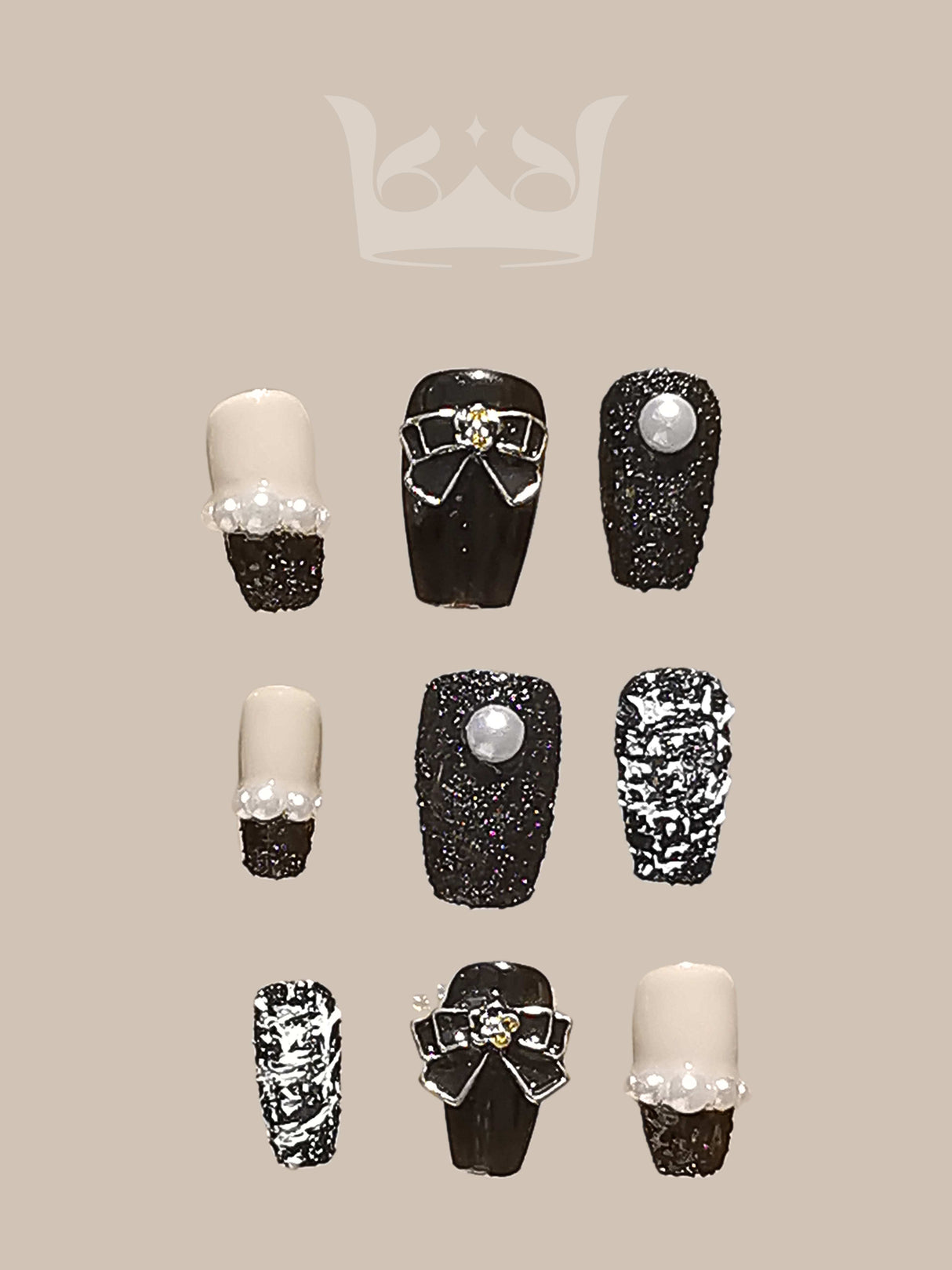 Sophisticated and glamorous nails with pearls, rhinestones, and metallic embellishments suitable for formal events or fashion-forward statements.