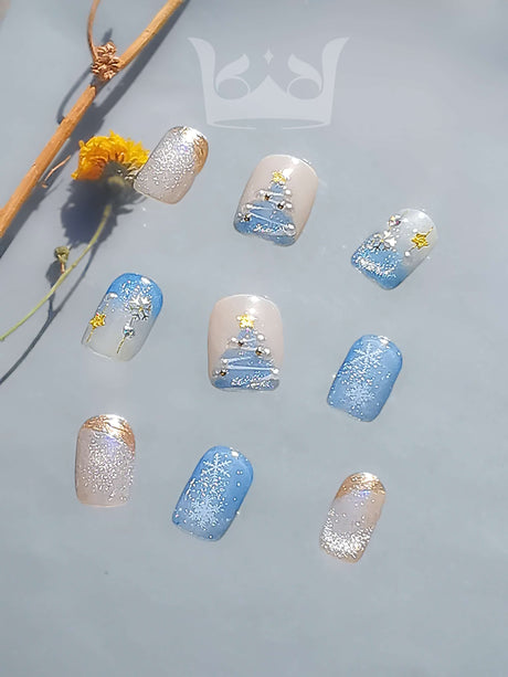 These celestial-themed nails with delicate floral designs, glitter, and star-shaped embellishments are perfect for special occasions and those who appreciate trendy, hand-painted nail art.