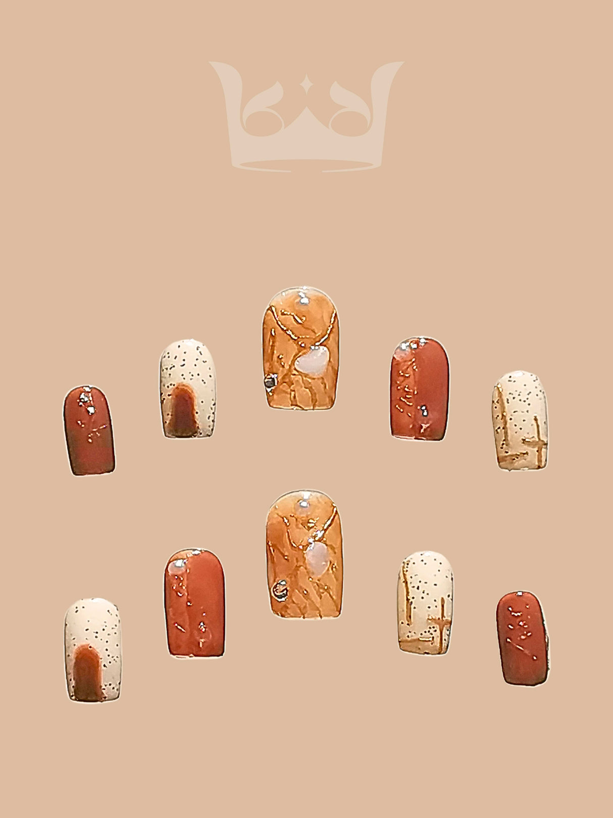 These cute nails are for nail art design, with natural and earthy themes. They have solid colors and speckled patterns, appealing to trendy and fashionable individuals.