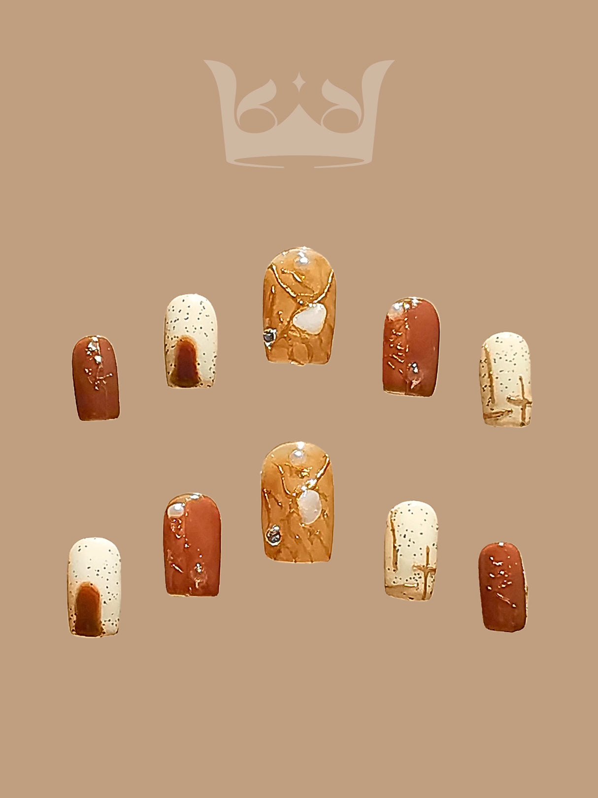 These press-on nails with various designs and embellishments catering to different styles. They have a neutral color palette and may be marketed towards those who prefer natural or earthy aesthetics.