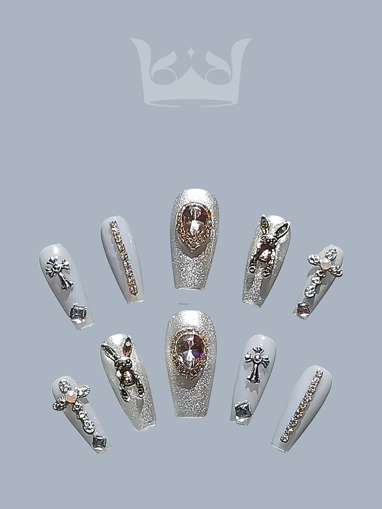 These press-on nails are statement pieces for special occasions, featuring rhinestones, gems, metallic accents, 3D embellishments, glitter, and artistic details.